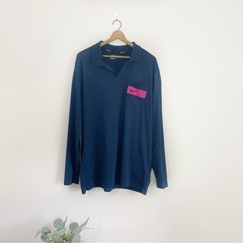 [Nike] Men's Dark Blue & Pink Long Sleeve Polo Golf Shirt